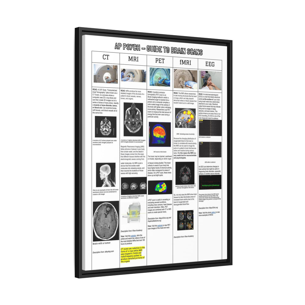 AP Psychology Brain Scans Poster, CT MRI PET fMRI EEG Comparison Chart, Medical Imaging Educational Canvas Print