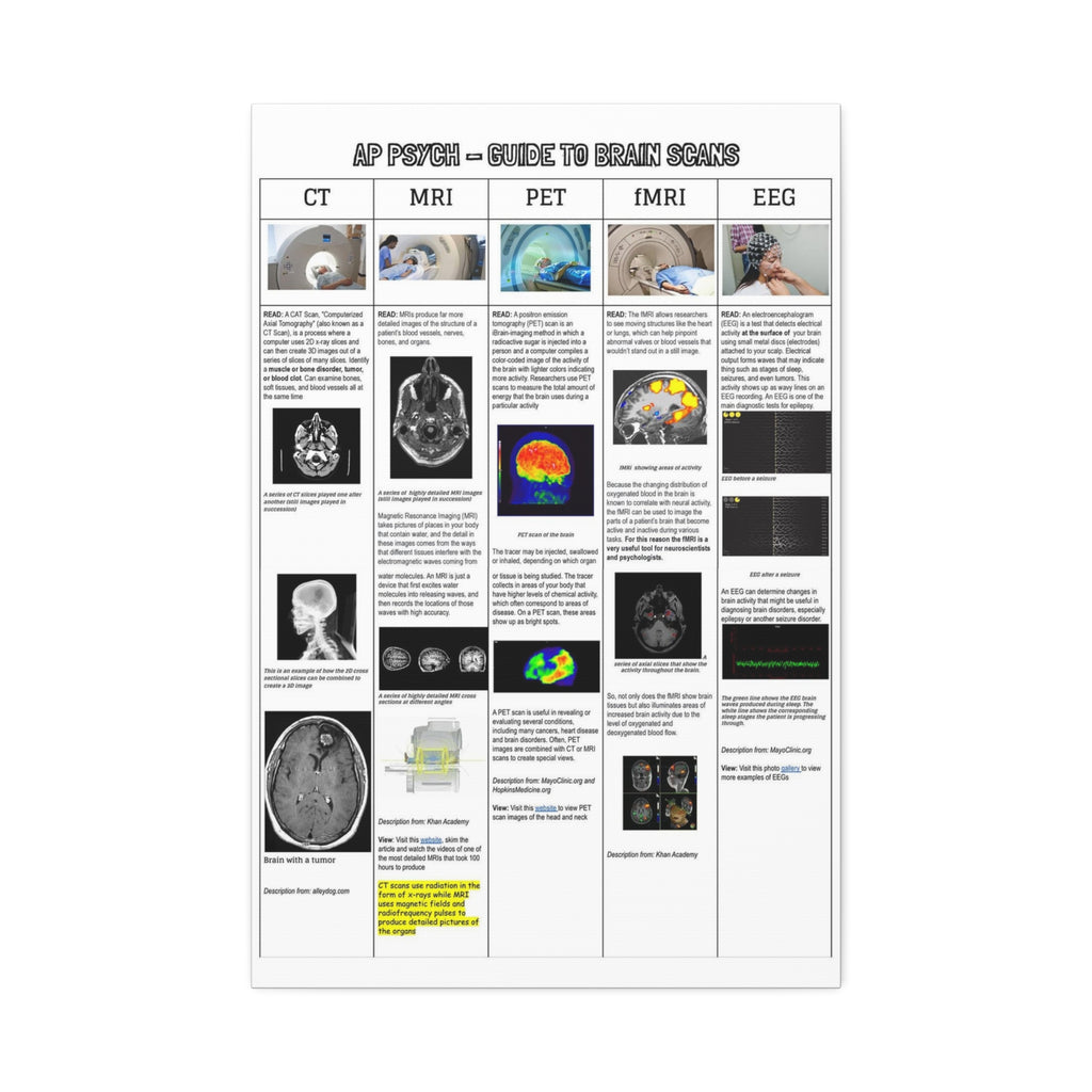 AP Psychology Brain Scans Poster, CT MRI PET fMRI EEG Comparison Chart, Medical Imaging Educational Canvas Print