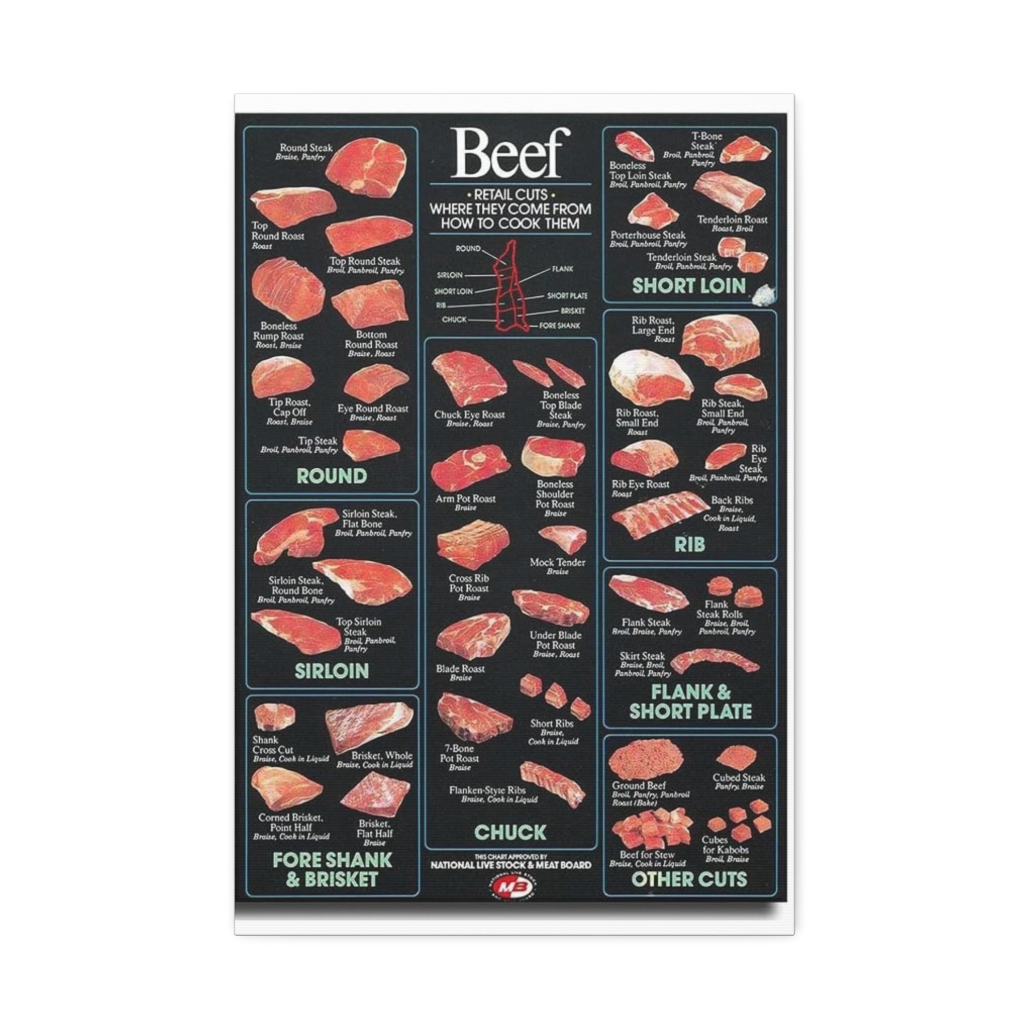 Beef Cuts Poster, Steak and Roast Cuts Chart, Beef Retail Cuts Cooking Guide, Butcher Meat Reference Educational Canvas Print