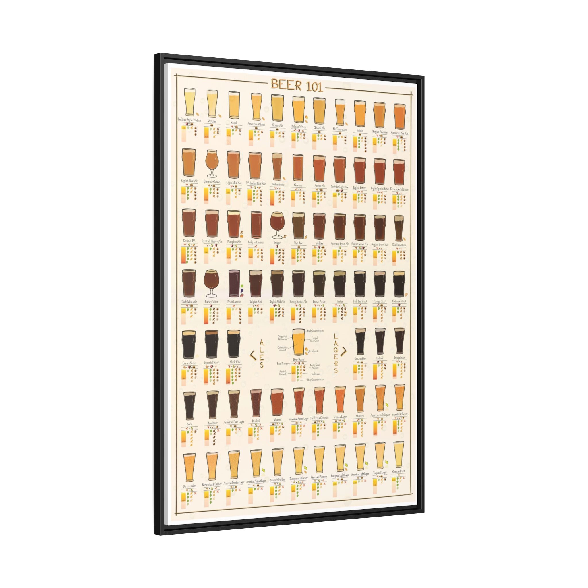 Beer 101 Poster, Beer Styles Chart, Beer Types Guide, Ale vs Lager Comparison, Craft Beer Education Canvas Print
