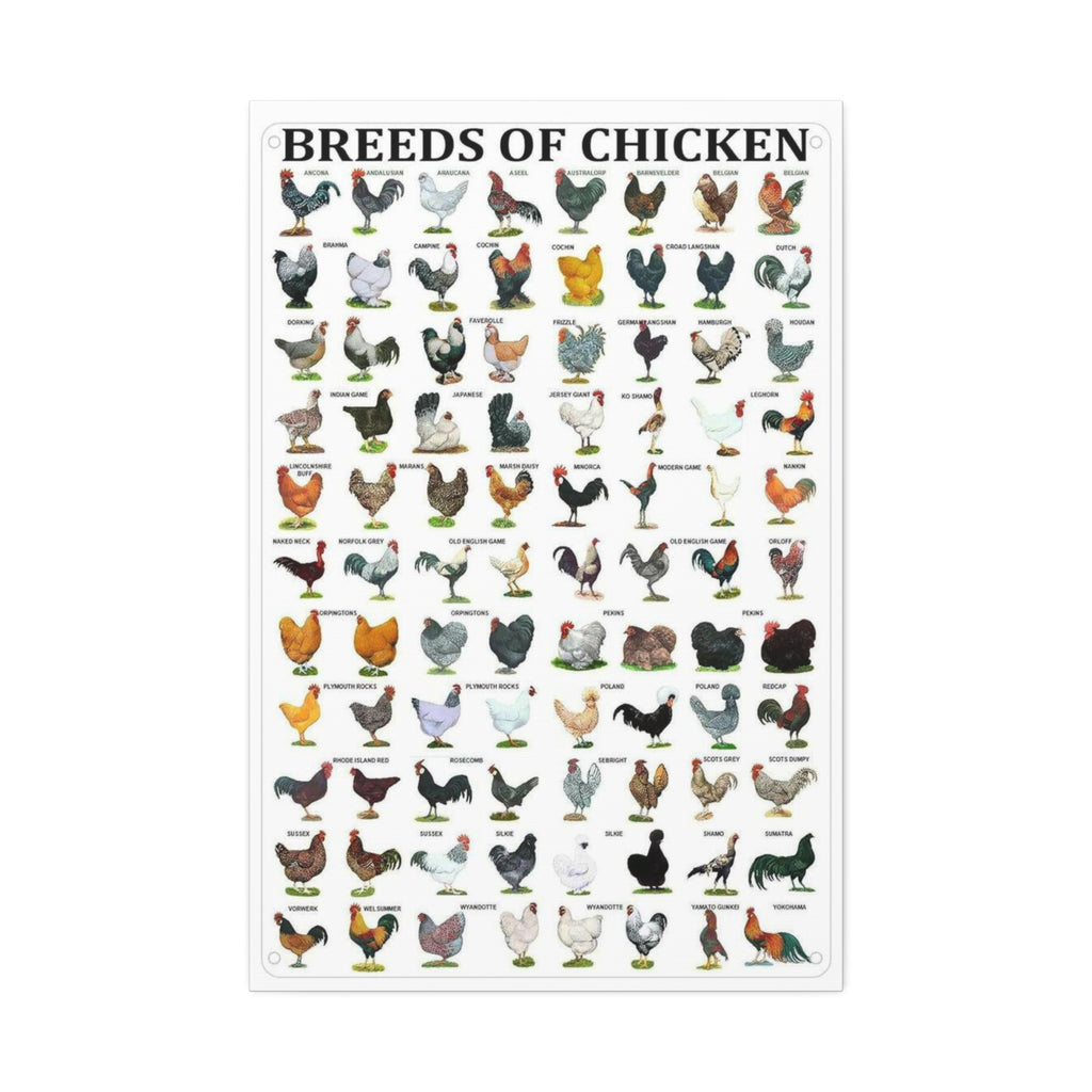 Breeds of Chicken Poster, Chicken Breed Identification Chart, Poultry Breeds Guide Educational Farm Animal Canvas Print