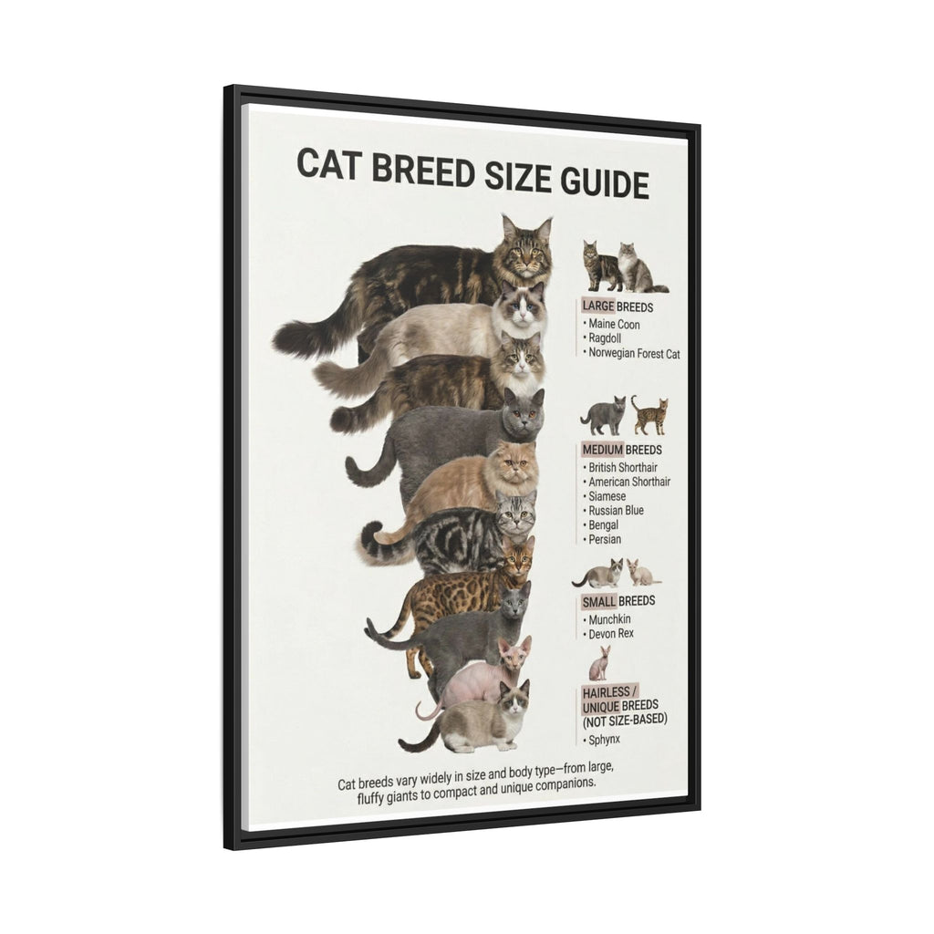 Cat Breed Size Guide Poster, Popular Domestic Cat Breeds Comparison Chart Wall Art Canvas Print