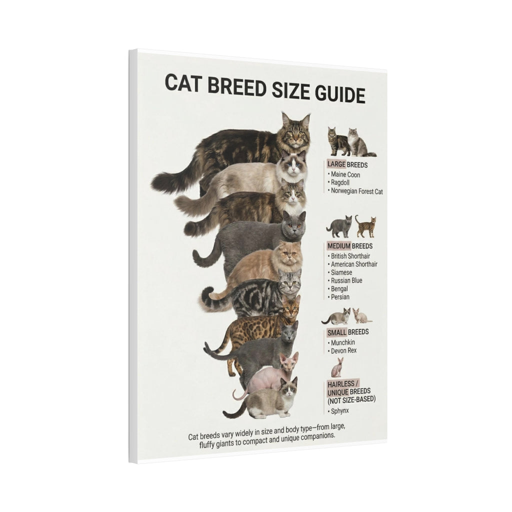 Cat Breed Size Guide Poster, Popular Domestic Cat Breeds Comparison Chart Wall Art Canvas Print
