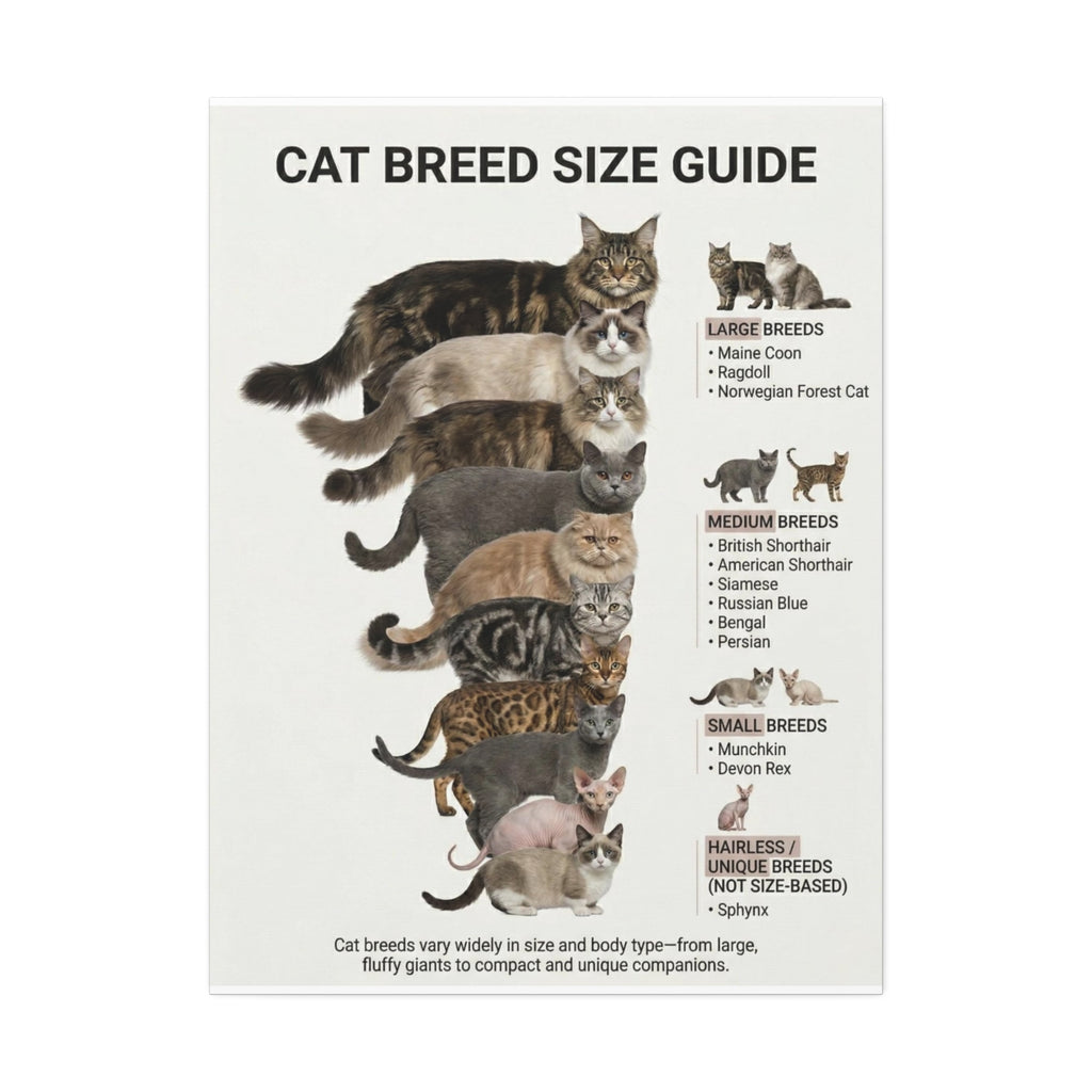 Cat Breed Size Guide Poster, Popular Domestic Cat Breeds Comparison Chart Wall Art Canvas Print