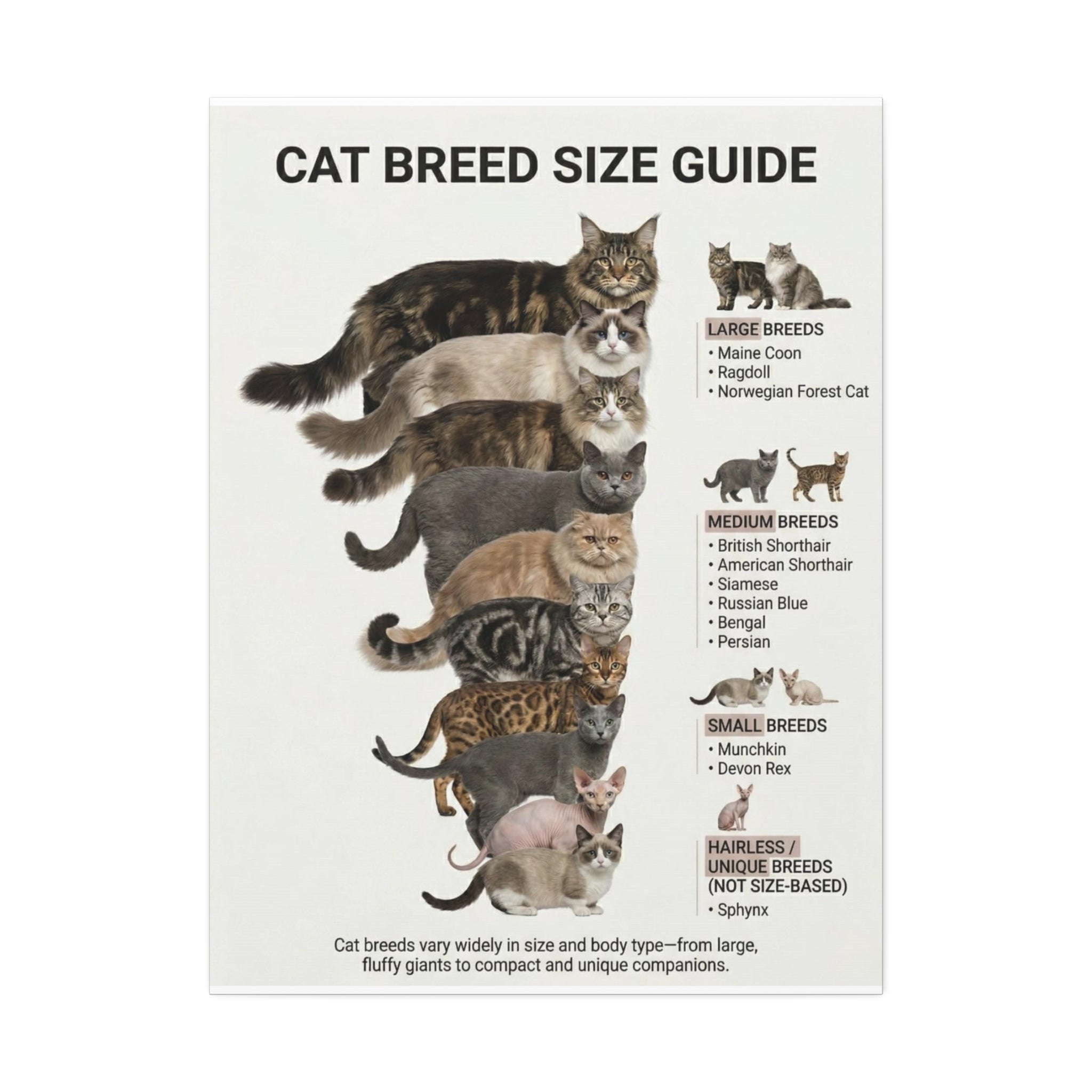 Cat Breed Size Guide Poster, Popular Domestic Cat Breeds Comparison Chart Wall Art Canvas Print
