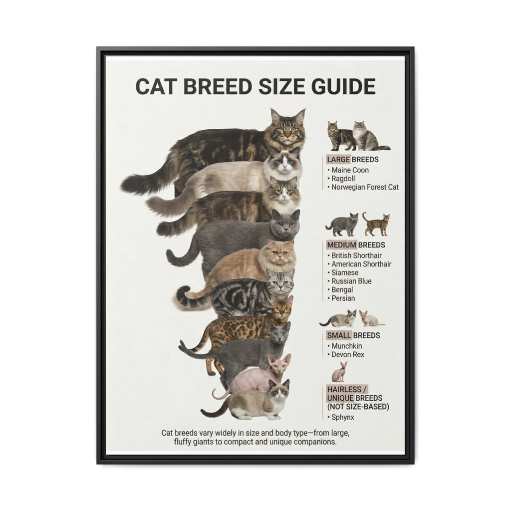 Cat Breed Size Guide Poster, Popular Domestic Cat Breeds Comparison Chart Wall Art Canvas Print