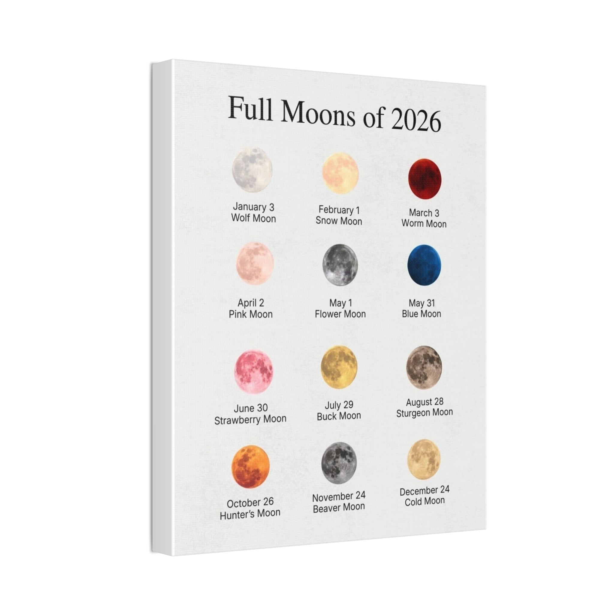 Full Moons of 2026 Vertical Poster and Canvas