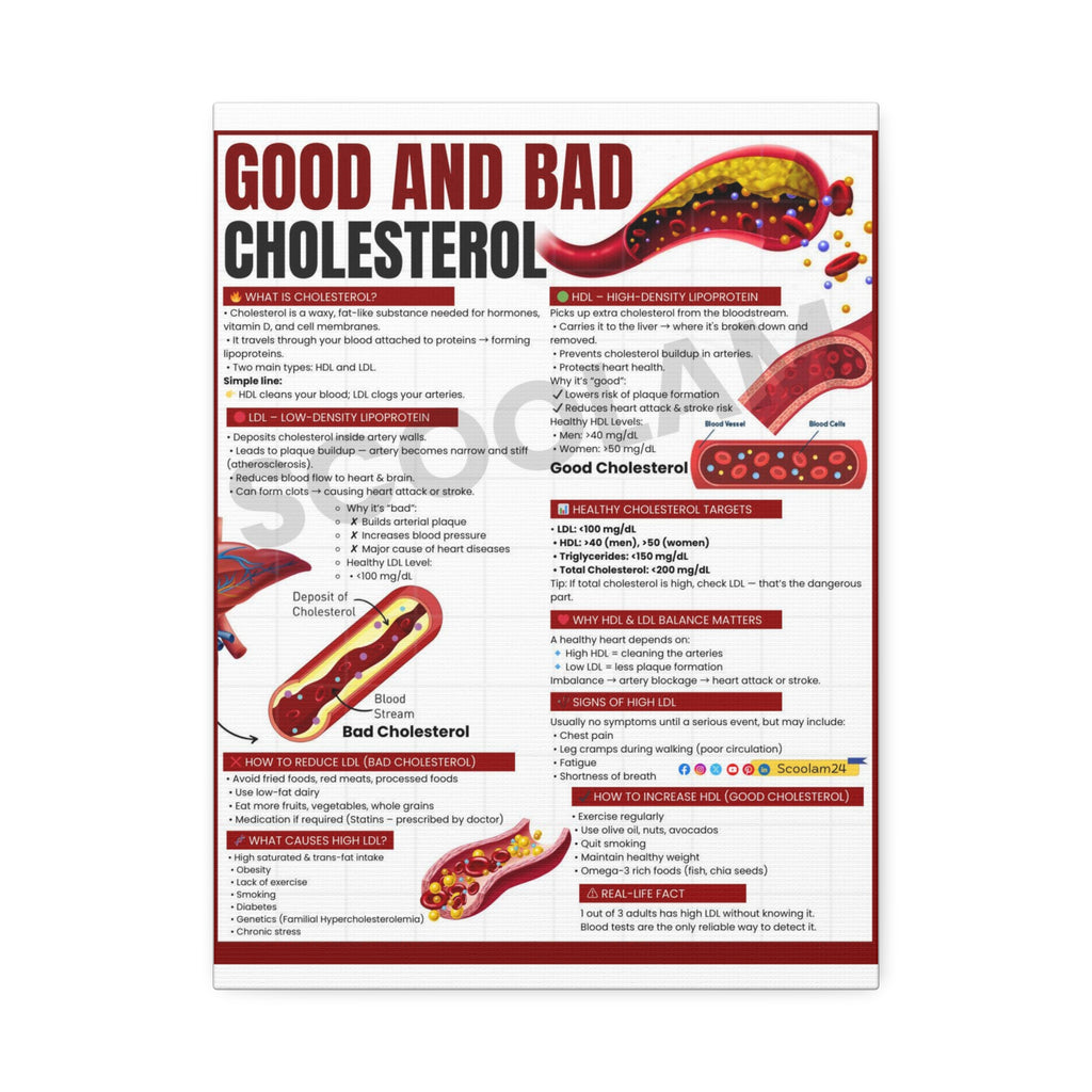 Good and Bad Cholesterol Poster, HDL vs LDL Comparison Chart, Healthy Cholesterol Levels Guide, Heart Health Educational Canvas Print