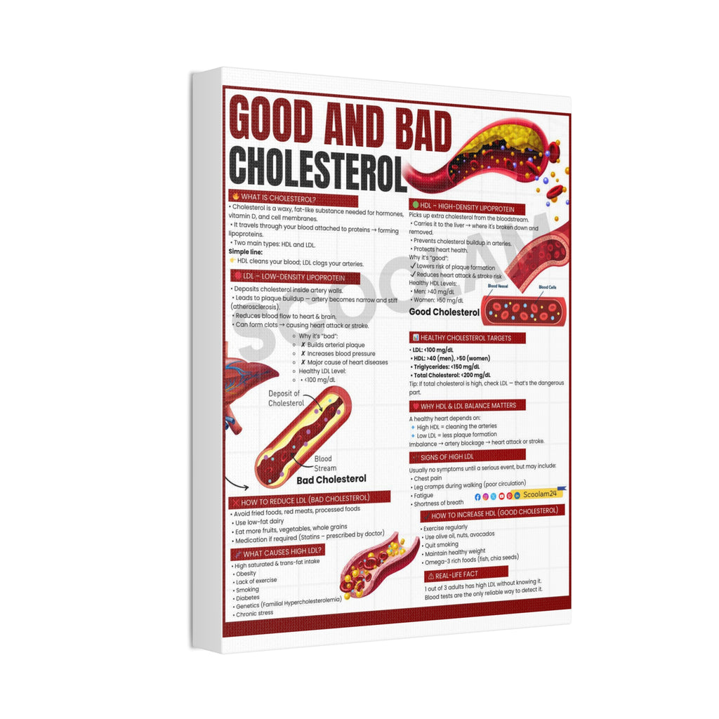 Good and Bad Cholesterol Poster, HDL vs LDL Comparison Chart, Healthy Cholesterol Levels Guide, Heart Health Educational Canvas Print