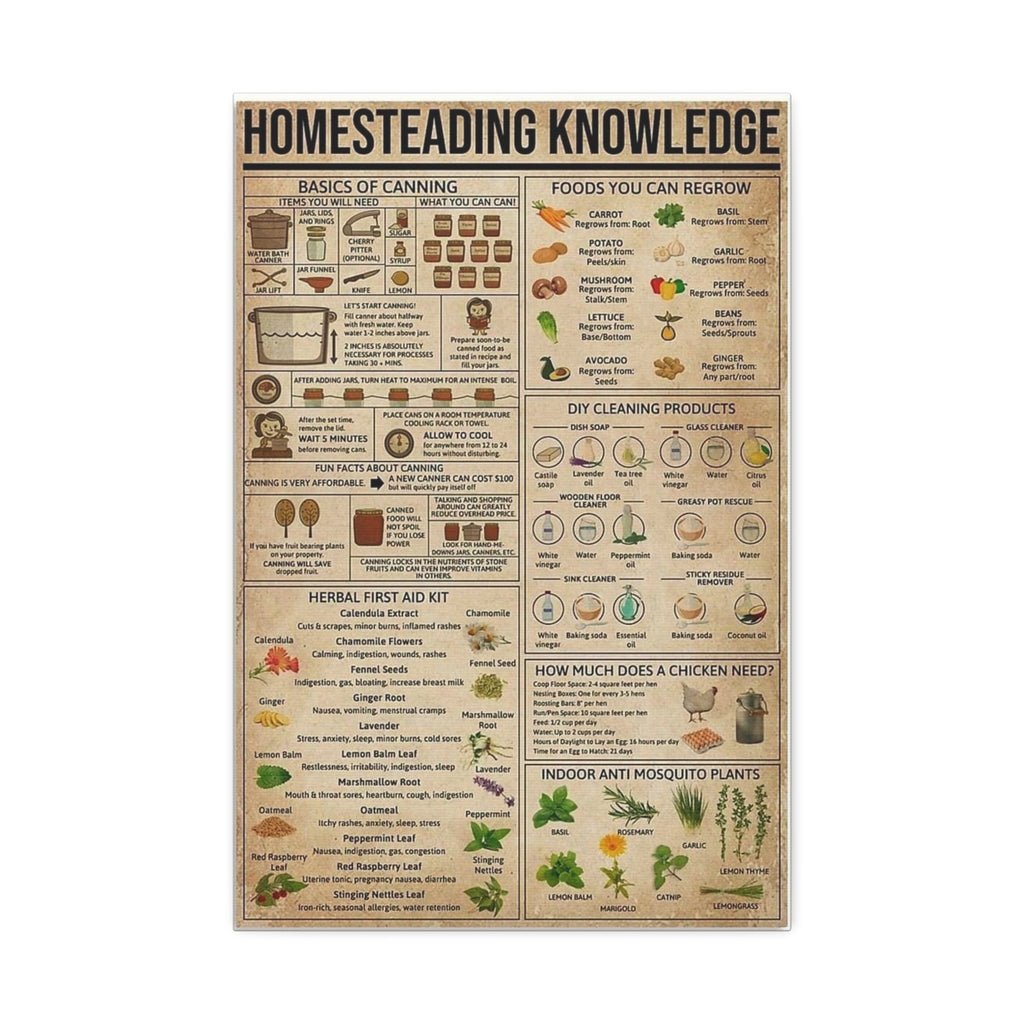 Homesteading Knowledge Poster, Self Sufficiency and Homestead Survival Guide, Gardening Canning Herbal Remedies Educational Canvas Print