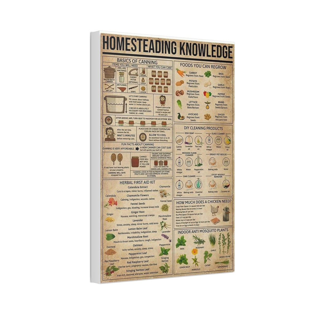 Homesteading Knowledge Poster, Self Sufficiency and Homestead Survival Guide, Gardening Canning Herbal Remedies Educational Canvas Print