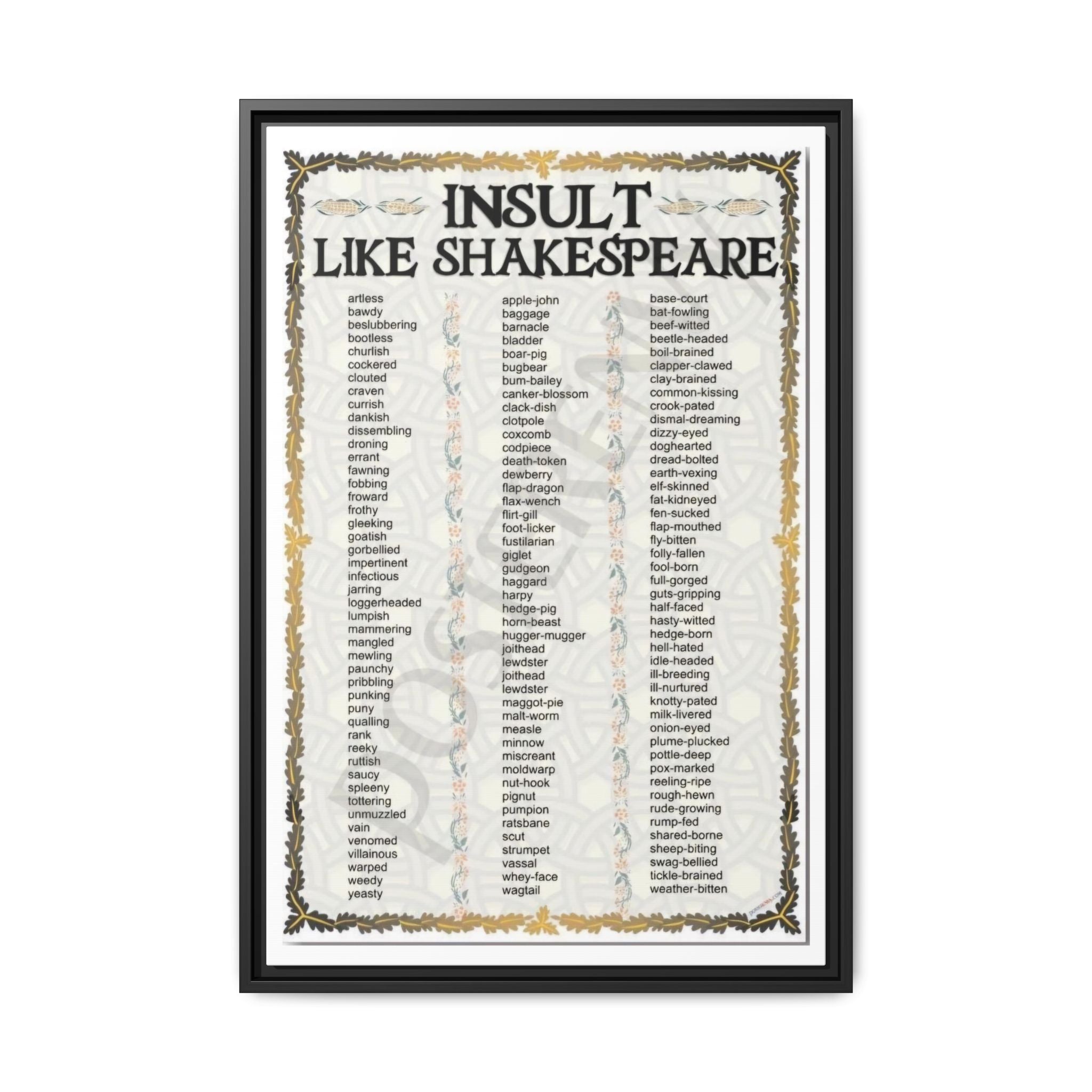 Insult Like Shakespeare Poster, Shakespearean Insults Vocabulary Chart Literary Wall Art Canvas Print