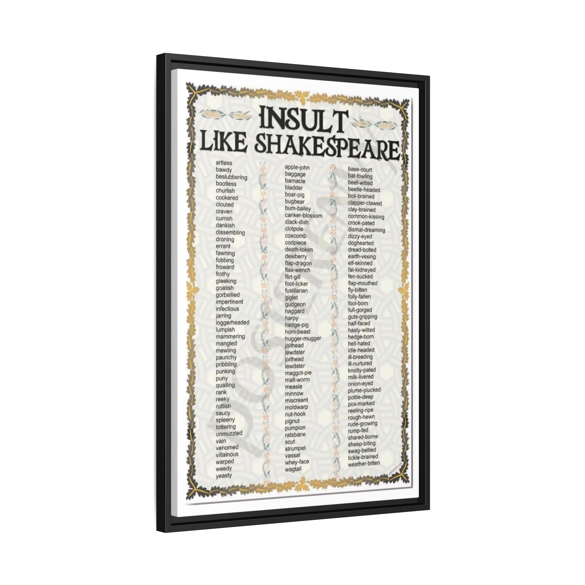 Insult Like Shakespeare Poster, Shakespearean Insults Vocabulary Chart Literary Wall Art Canvas Print