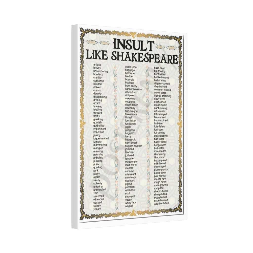 Insult Like Shakespeare Poster, Shakespearean Insults Vocabulary Chart Literary Wall Art Canvas Print