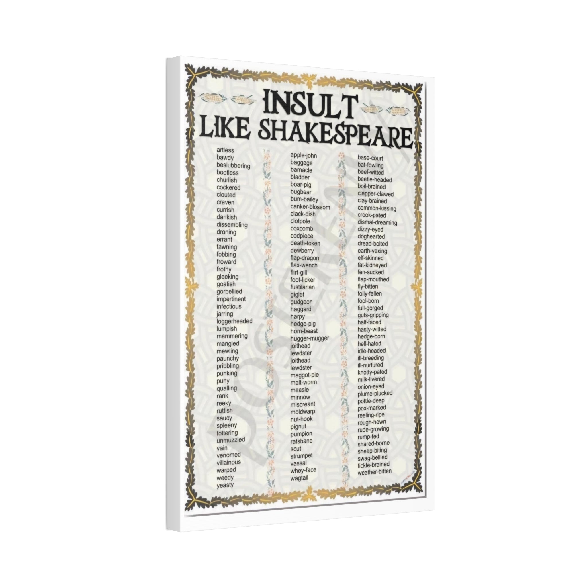 Insult Like Shakespeare Poster, Shakespearean Insults Vocabulary Chart Literary Wall Art Canvas Print
