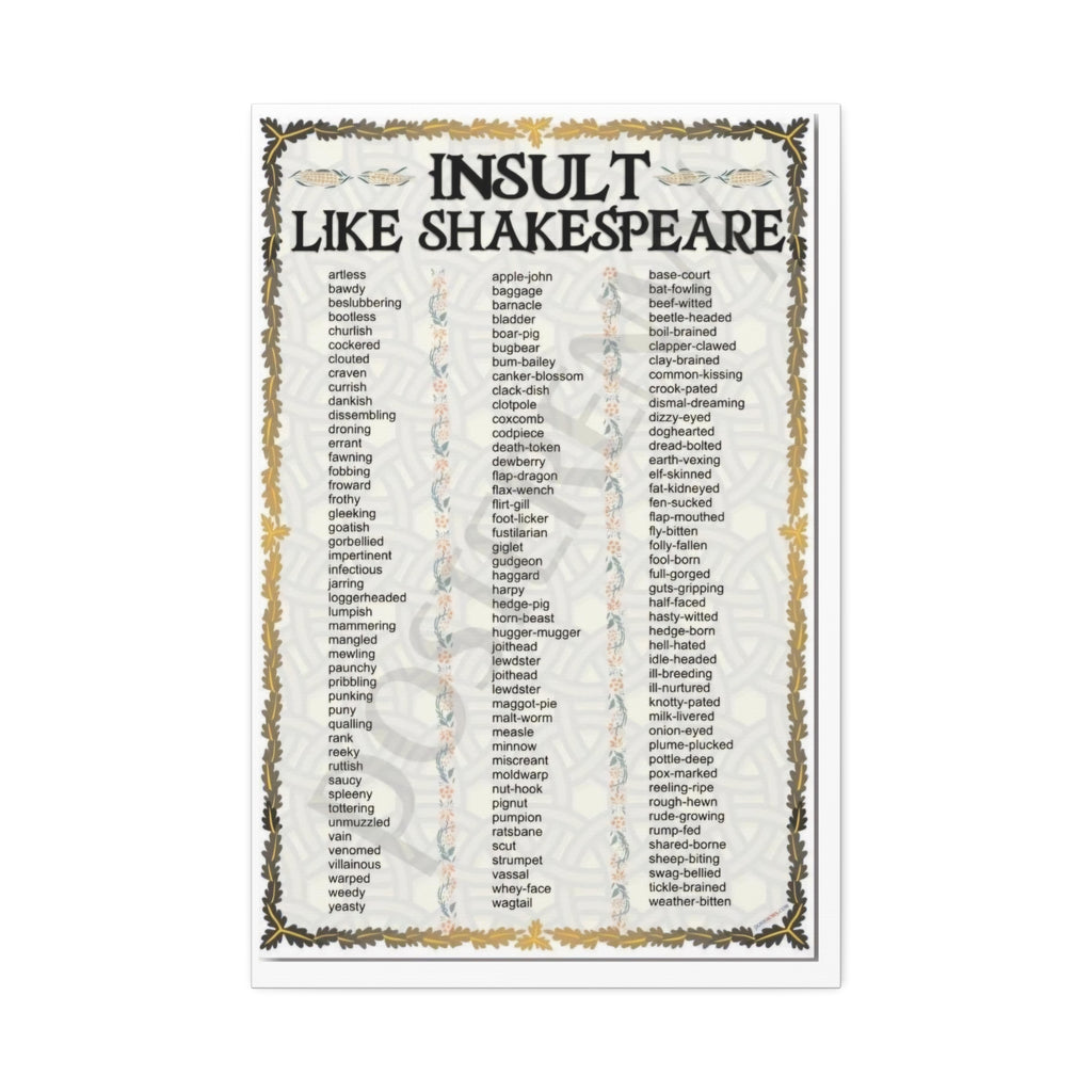 Insult Like Shakespeare Poster, Shakespearean Insults Vocabulary Chart Literary Wall Art Canvas Print