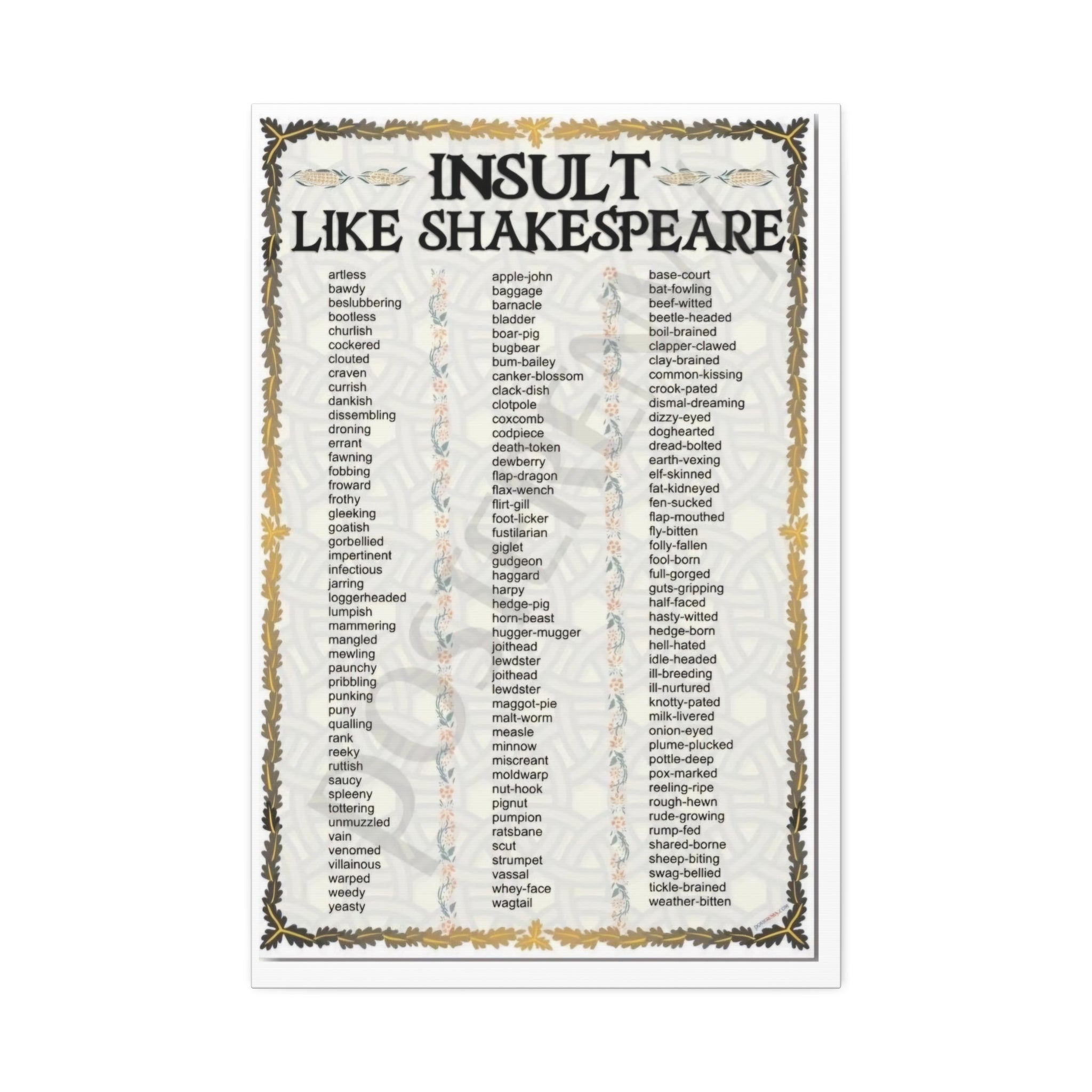 Insult Like Shakespeare Poster, Shakespearean Insults Vocabulary Chart Literary Wall Art Canvas Print