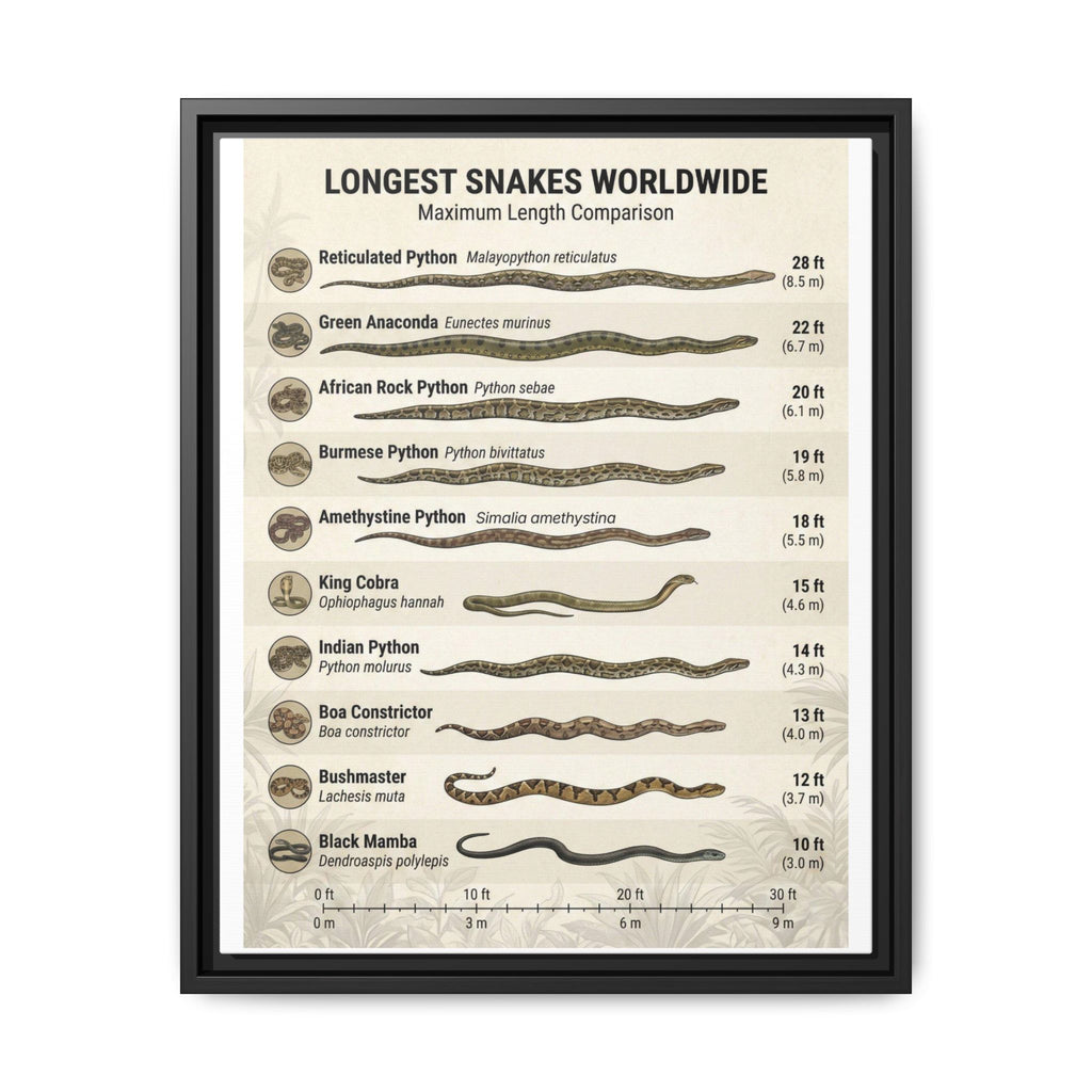 Longest Snakes Worldwide Poster, Maximum Length Comparison Chart, Largest Snake Species Guide, Wildlife Educational Canvas Print
