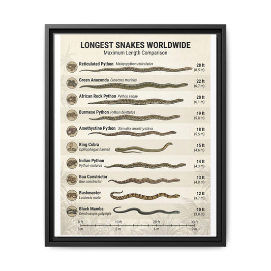 Longest Snakes Worldwide Poster, Maximum Length Comparison Chart, Largest Snake Species Guide, Wildlife Educational Canvas Print