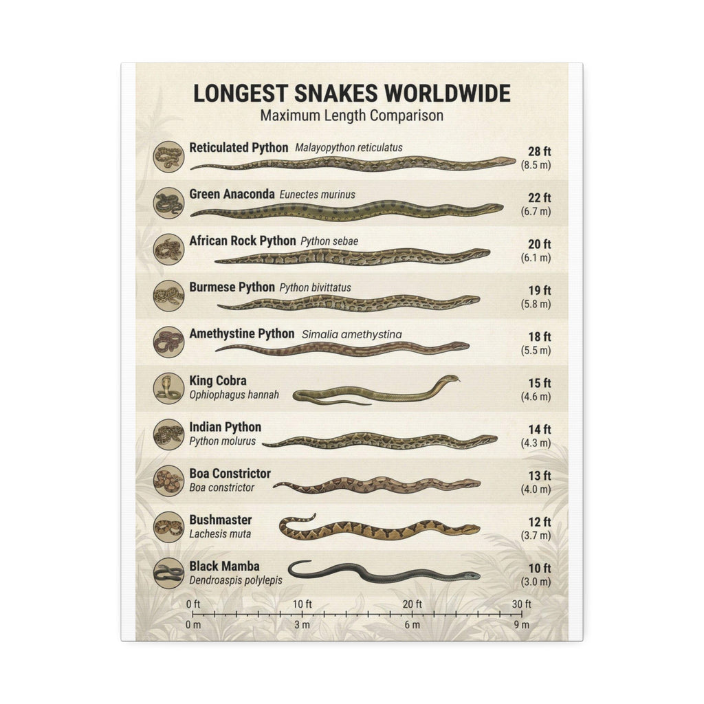 Longest Snakes Worldwide Poster, Maximum Length Comparison Chart, Largest Snake Species Guide, Wildlife Educational Canvas Print