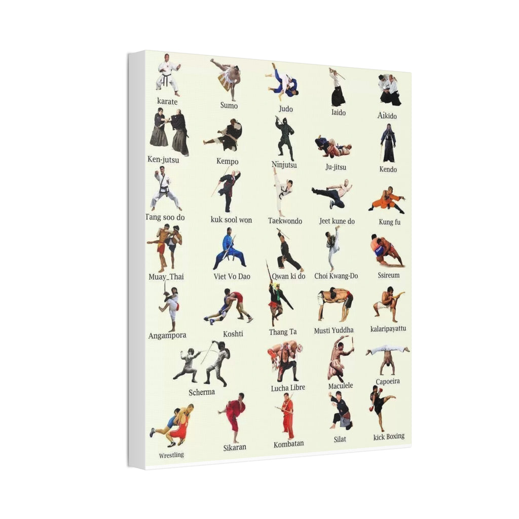 Martial Arts Poster, World Martial Arts Styles Chart, Traditional and Modern Fighting Disciplines Guide Educational Canvas Print