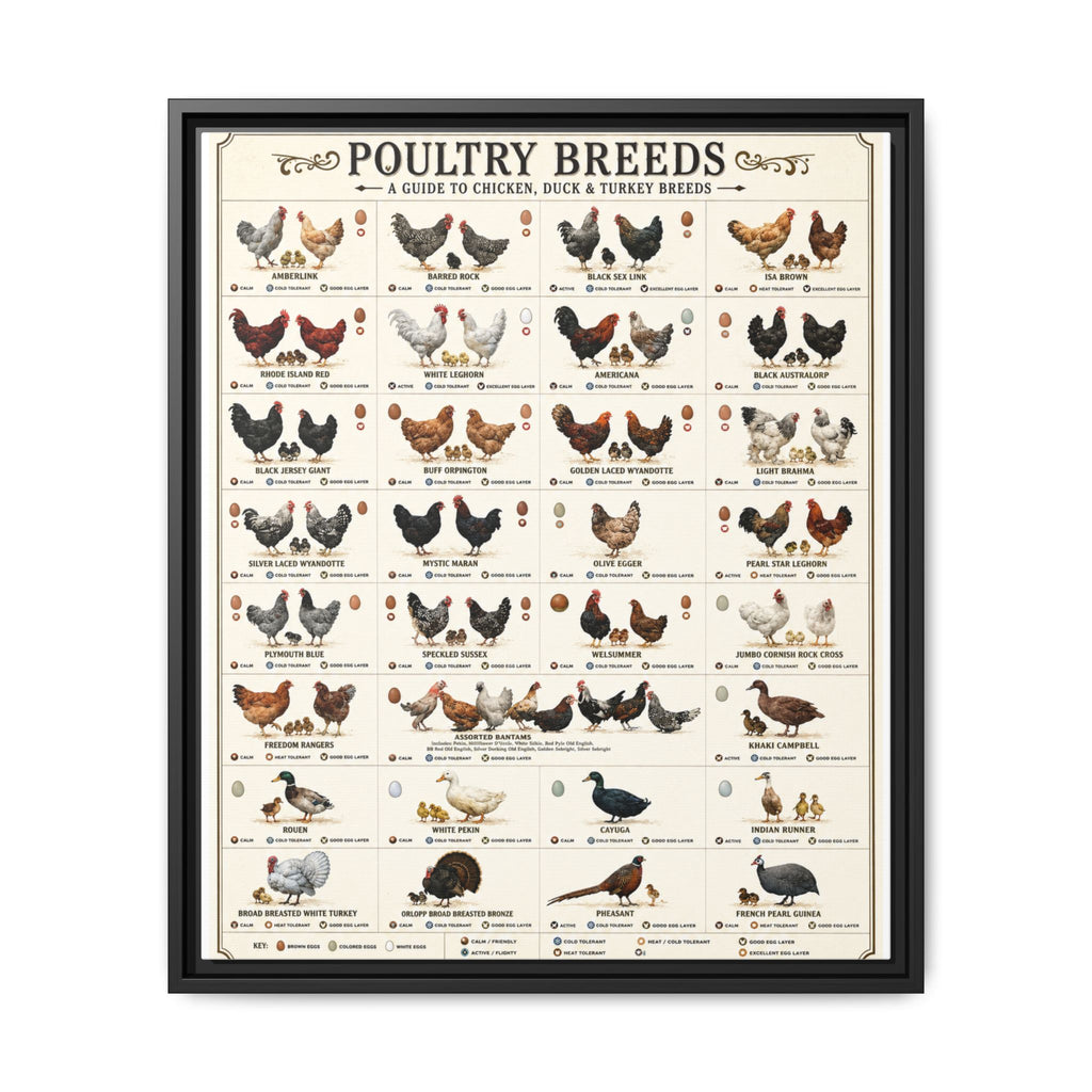 Poultry Breeds Poster, Chicken Duck Turkey Breed Identification Chart, Farm Poultry Guide, Homesteading Educational Canvas Print