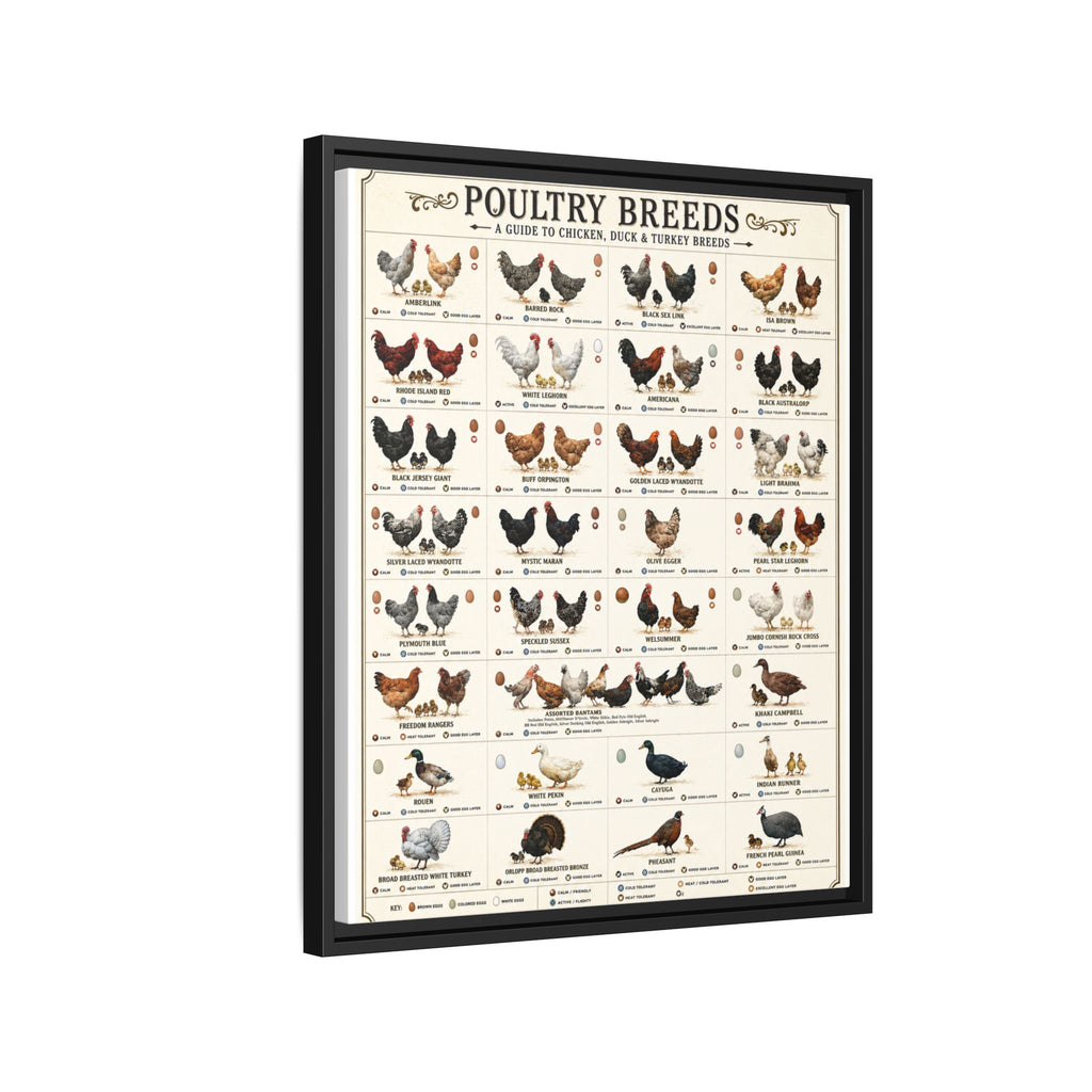 Poultry Breeds Poster, Chicken Duck Turkey Breed Identification Chart, Farm Poultry Guide, Homesteading Educational Canvas Print