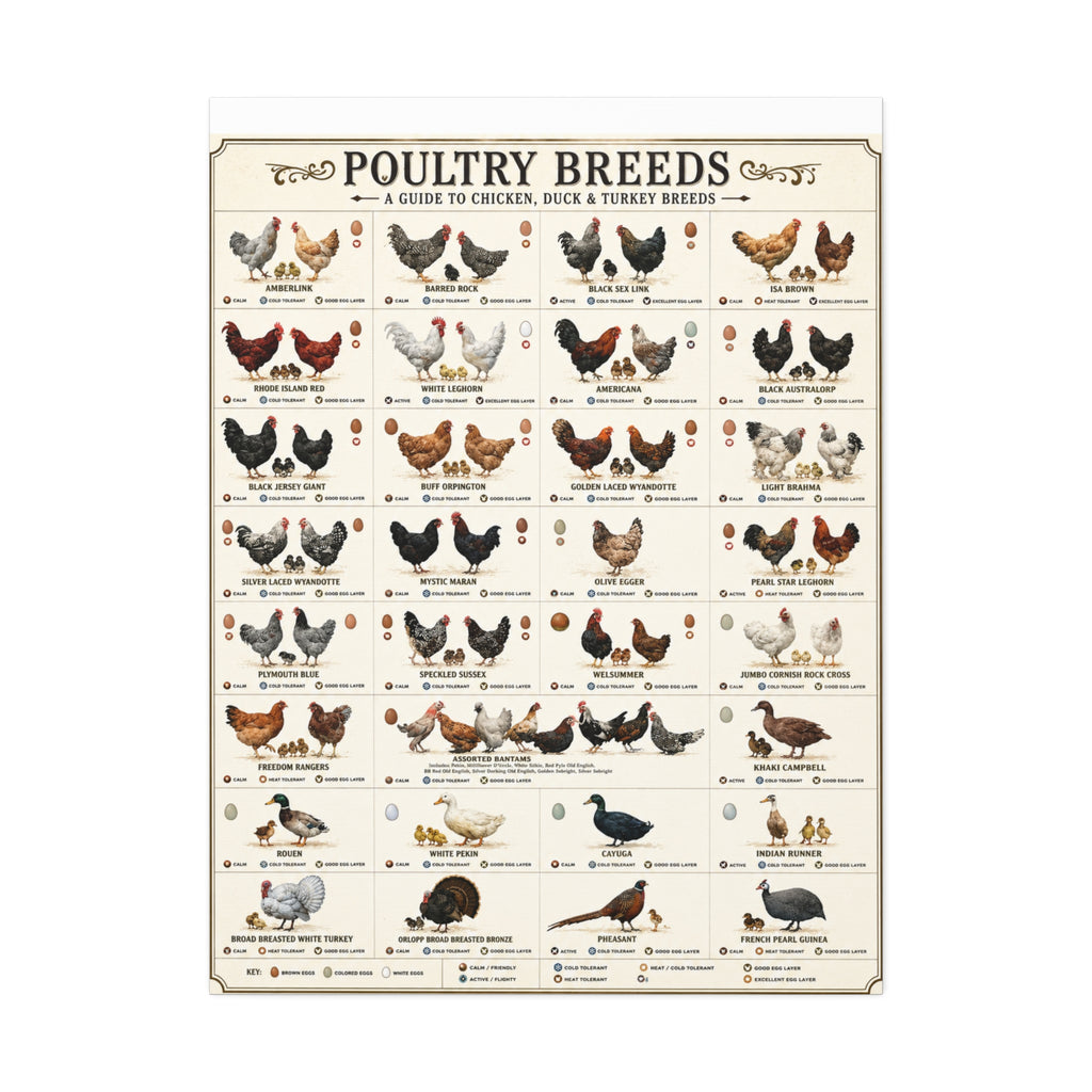 Poultry Breeds Poster, Chicken Duck Turkey Breed Identification Chart, Farm Poultry Guide, Homesteading Educational Canvas Print
