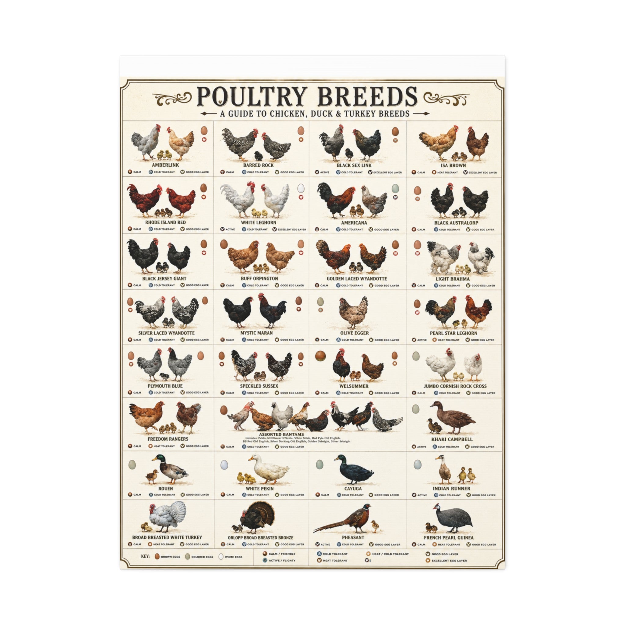 Poultry Breeds Poster, Chicken Duck Turkey Breed Identification Chart, Farm Poultry Guide, Homesteading Educational Canvas Print