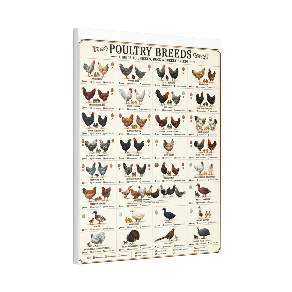 Poultry Breeds Poster, Chicken Duck Turkey Breed Identification Chart, Farm Poultry Guide, Homesteading Educational Canvas Print