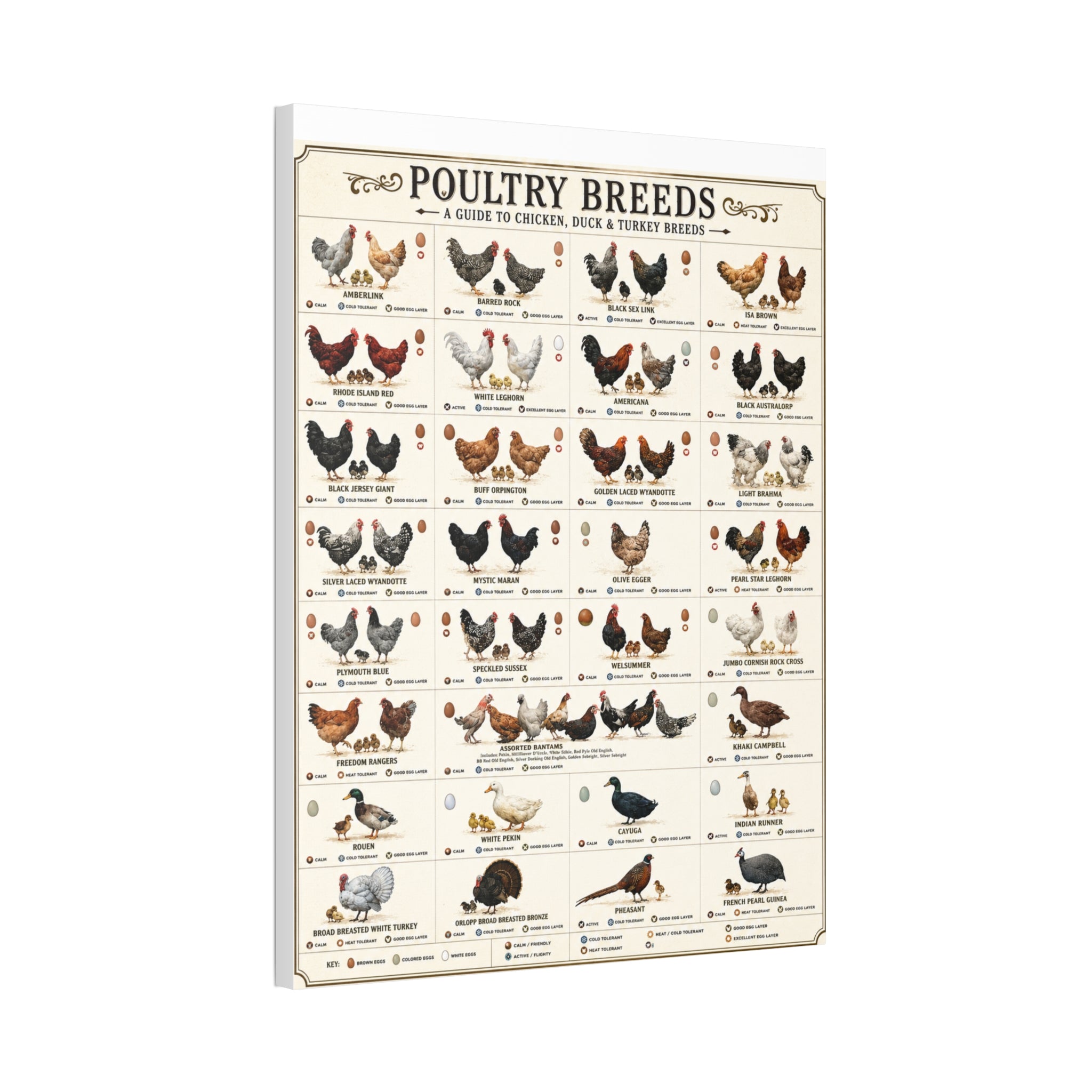 Poultry Breeds Poster, Chicken Duck Turkey Breed Identification Chart, Farm Poultry Guide, Homesteading Educational Canvas Print