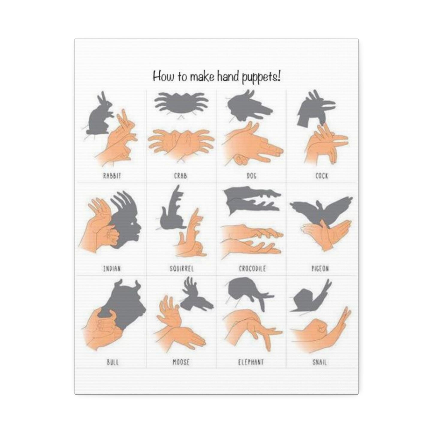 Shadow Hand Puppets Guide Poster, Hand Shadow Art Chart Vertical Poster