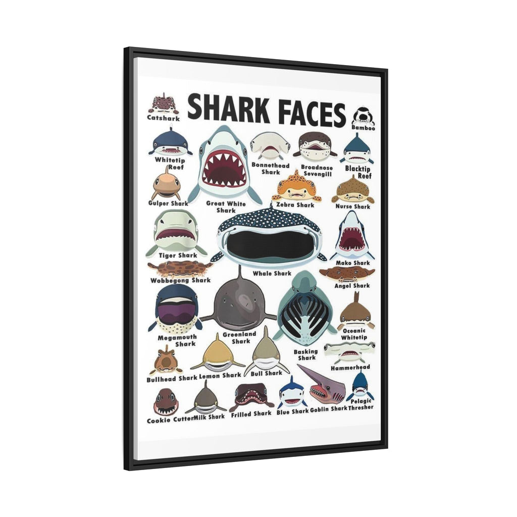 Shark Faces Poster, Illustrated Shark Species Identification Chart, Marine Life Wall Art Canvas Print
