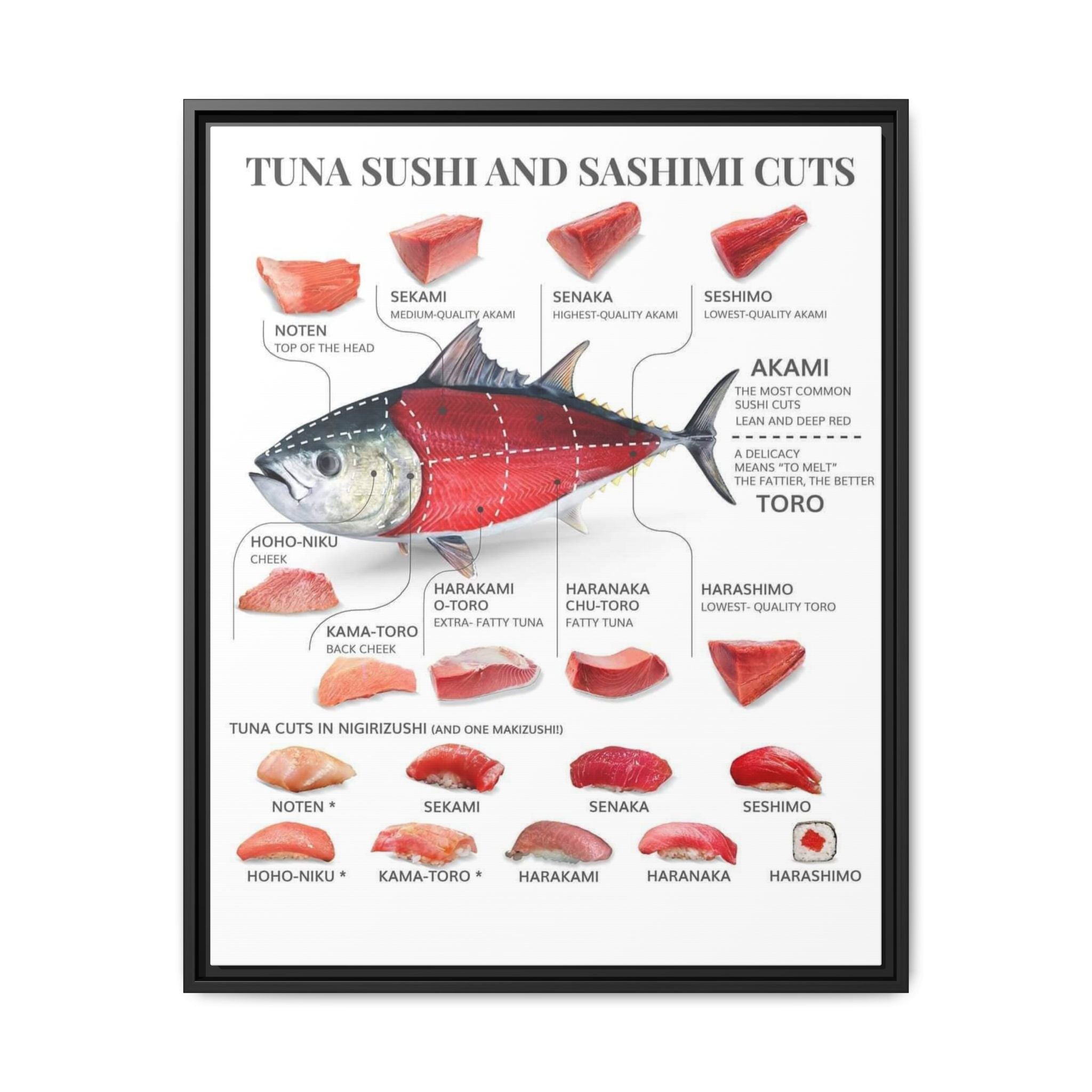 Tuna Sushi and Sashimi Cuts Poster, Bluefin Tuna Cut Guide Chart, Akami and Toro Sushi Reference, Japanese Seafood Educational Canvas Print